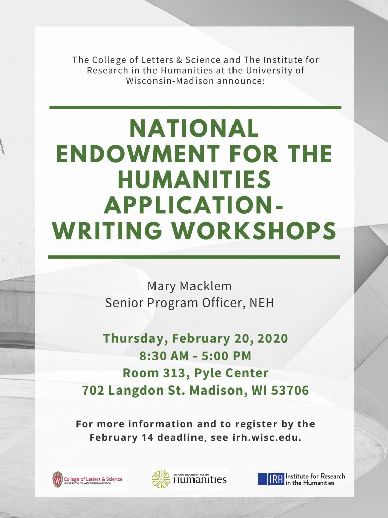 Image of poster for NEH workshops event with green text listing date, time, and location on black and white abstract image.
