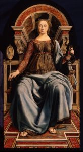 painting depicting "prudence" as a seated woman holding a snake in her left hand and a painting of a woman in her right hand