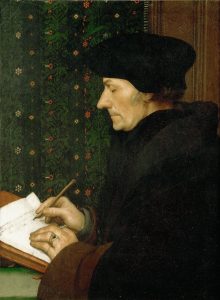 Portrait of Erasmus writing commentary on Saint Mark's Gospel.