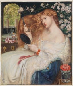 In this picture there is a woman in a white gown seated on a couch. She is brushing her long red hair and longing into a mirror that she is holding in her left hand. In the background there are flowers and greenery.