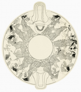 Attic Red-Figure kylix by Hieron depicting ten maenads dancing, c. 490-80 BCE. Berlin, Antikenmuseem, F2290. (Harrison 1895: XX, Plate XXI)