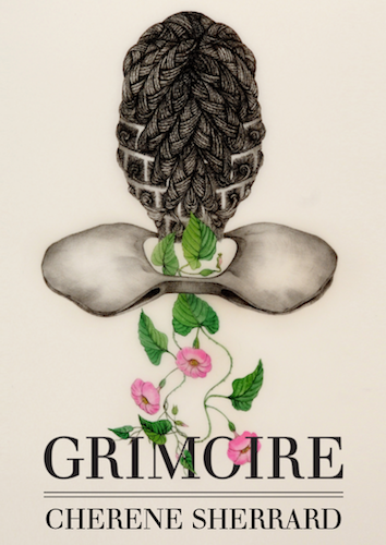 Image of cover of book "Grimoire" featuring the back of a black woman's head with elaborately braided hair above a clavicle bone with flowering vines growing through it.
