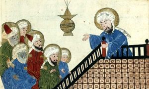 A colored image of the image of Muhammad teaching his followers. This is a 