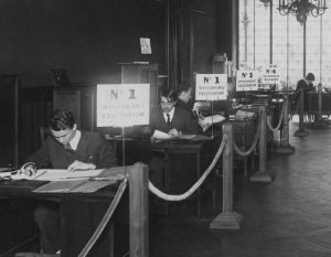 Passport application desks at the Polish consulate in Paris, 1927
