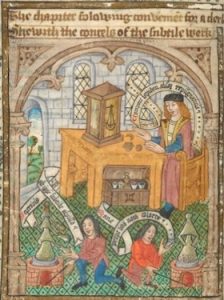 Alchemist (likely Thomas Norton) at his desk, overseeing two workers at furnaces.