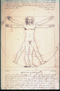 An image of da Vinci’s “Vitruvian Man.” An ink sketch on paper, surrounded by text, of a man with outstretched limbs; an overlayed circle and square connect the different points of the body.