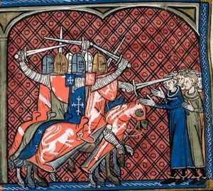 Image description: it’s of northern crusaders attacking heretic townspeople during the Albigensian Crusade, from a 14th-century manuscript of Les Grandes chroniques de France in the British Library.