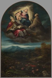 A landscape painting representing a flood, with Virgin and Child and saints in the clouds above.