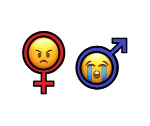Image description: this image is the symbol for the email gender with an emoji angry face in the middle of the circle and a male gender symbol with a crying emoji face in the middle of the circle.