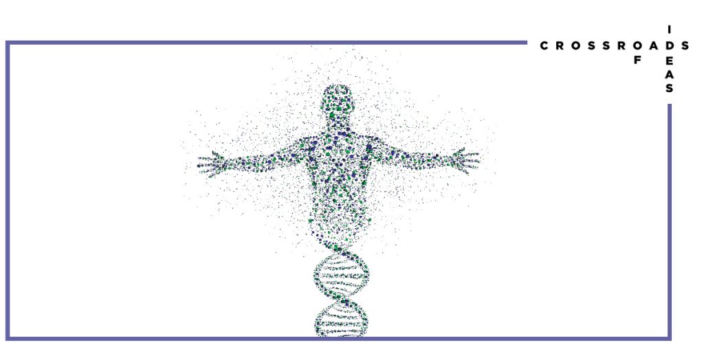 image of an atomized human form morphing into a double-helix DNA form. Text says "Crossroads of Ideas"