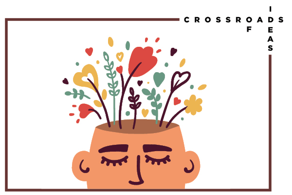 graphic for Crossroads program showing a head with flowers sprouting from it and the words "Crossroads of Ideas" in crossword puzzle format