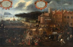 This image is a painting of the Moriscos leaving the port on boats in Valencia. 