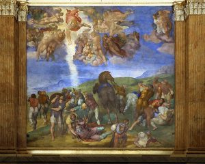 The Conversion of Saul is a fresco painted by Michelangelo Buonarroti (c. 1542–1545). The figure of Christ is in the top left corner of the fresco. A beam of light radiates from Christ down to a group of figures. Saul is in the middle lying on the ground. He has a gray beard and it wearing a plum colored tunic.