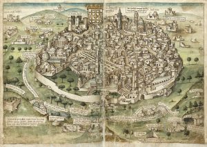 The image is map of the city of Jerusalem. It is illustrated and labeled by hand and colored in.