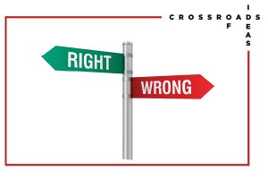 This is an image of a street sign. Pointing in one direction a green sign reads "right" pointing in the other direction a red sign reads "wrong."