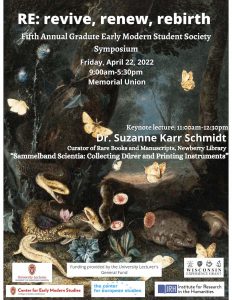 This image is the GEMSS Symposium poster. It says "RE: Revive, renew, rebirth" There is a painted image with butterflies, toads, snakes and other animals on the forest floor.