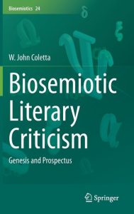 White text reads "Biosemiotic Literary Criticism: Genesis and Prospectus" on a dark green field. Ghostly greek letters float in the background.