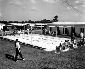 Black and white photograph showing the view of the shuffleboard court at the trailer park: Clearwater, Florida in June 1957.