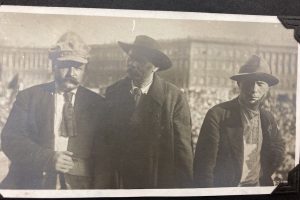 A black and white photograph of Sergei Zorin (right) pictured with Alexei Badayev and Maxim Gorky,  Petrograd, 1917.