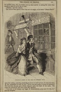 Woodcut illustration. The heroine Johanna, disguised as a boy, and her friend Arabella walk past Sweeney Todd's London barber shop.