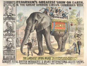 A 19th century poster for the Barnum circus featuring an illustration of Jumbo, an elephant with many children on his back being lead down a street in a parade.
