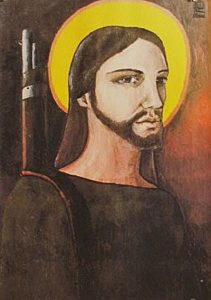 Painting of Jesus Christ in browns and yellows with halo and a gun slung over his left shoulder.
