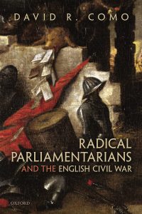 Book cover of Radical Parliamentarians and the English Civil War (Oxford University Press, 2018), showing a detail from the painting, Allegory on the Death of Charles I. The painting depicts armor, weaponry, a drum, a battle standard, and a demonic pig disgorging printed pamphlets from its mouth.