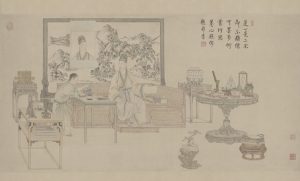A figure is seated on a platform seat surrounded by antique objects, tea paraphernalia, and writing utensils. Behind the seated figure is a standing screen painted with a landscape. On the screen hangs another bust-length portrait of the seated figure.