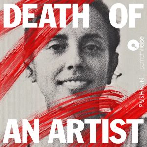 This image is a black and white photograph of Ana Mendietaover herface there are red pain strokes. The text reads "Death of an Artist"