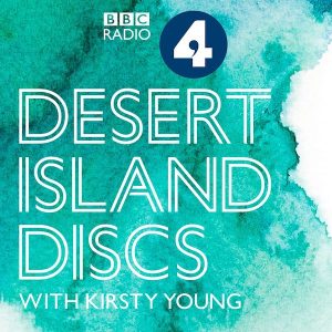 This is a graphic image with the podcast title "Desert Island Discs." The background is a turquoise blue and on top there is the BBC Radio4 Logo.