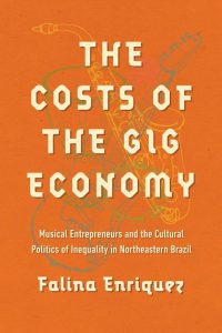 This is the orange book cover which features an illustration of a saxophone, guitar and drums behind the title of the book "The Cost of the Gig Economy"