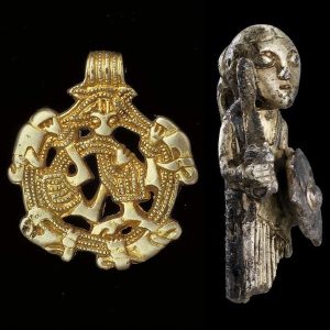 Photographs edited together of a looped circular gold pendant with abstract animal images in center and around perimeter and a Gilt bronze figurine of a woman with long hair knotted in back, holding a sword and shield; with person’s feet and lower portion of long dress missing.