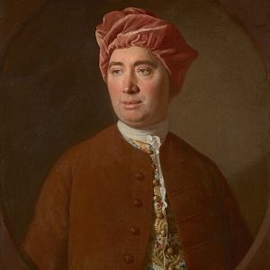 A portrait painting of David Hume from the bust up. He is wearing a pink hat, a brown jacket, and a golden waistcoat.