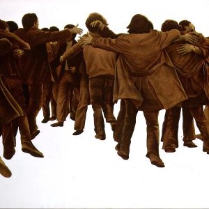 A painting of the silhouettes of a group of men hugging. 