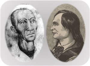 Two portraits of men. On the left is a drawing of a black man with closely-cropped hair looking up to the viewer's right. On the right is an engraving of an American Indian man in profile with long hair, facing to the viewer's left.