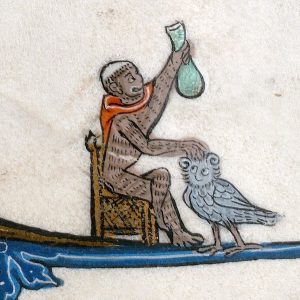 An illuminated drawing from a medieval manuscript depicting a brown monkey, wearing a red hood and seated on a gilded chair. One hand holds a green urine flask aloft while the other touches the head of a gray owl that stands at the foot of the chair.
