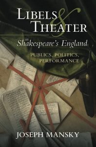 This is a book image of Libels & Theater. There is a detailed image of written letters.