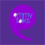 Graphic image of a purple quotation make that says "Emmy Talks" in blue.