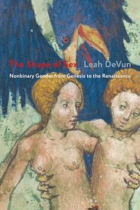 Books image for the shape of sex. Two topless figures embrace with a bird above them.