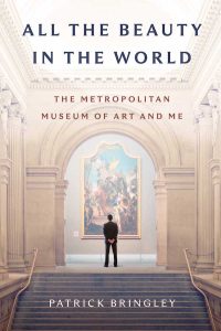 Cover image if All the Beauty in the World. Silhouette of a man standing in front of a painting at a museum. 