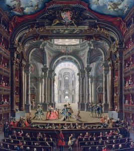 Painting of the Royal Theater in Turin by Giovanni Michele Graneri. Individuals perform on an extravagant stage while other individuals sit in the audience.