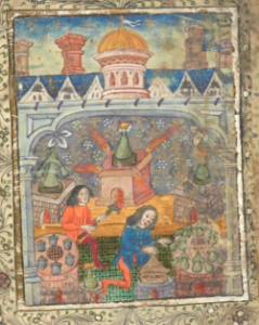 Two men in medieval clothing inside an elaborate architectural space work at stoking the furnace and checking the alembics of an alchemical workshop