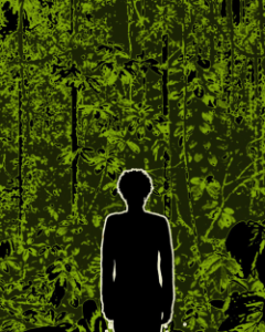 A shadowy human figure stands in front of vibrant green trees.