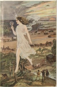 Image of woman in a sheer dress floating over a historic town. 