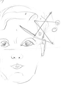 A sketch by Rudolf Laban of a head with a crystalline form indicating thoughts in motion beside it.