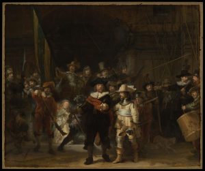 This is a photo of a painting titled "The Night Watch" by Rembrandt van Rijn. It depicts a civic guard company moving out, and is an oil on canvas painting.