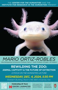 This is an event poster for Mario Ortiz-Robles's Center for the Humanities talk, which is held on Dec. 4, 2024. The poster is in shades of blue and features a fish on a black background. 