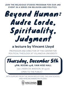 Event poster for Vincent Lloyd talk on Audre Lorde, spirituality, and judgment on December 5, 2024 at 4pm. 