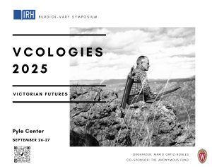 Poster for Vcologies event with a black and white photo of a man holding a bow and arrows. 