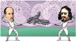 The image, by illustrator Mabel Rodríguez, shows Spanish writers Góngora and Quevedo fighting. Instead of swords, they use quills.